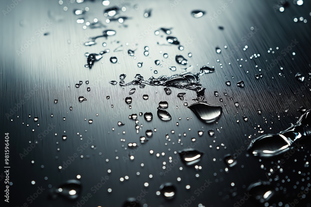 Poster droplets of water on a reflective metallic surface creating intricate patterns in soft lighting