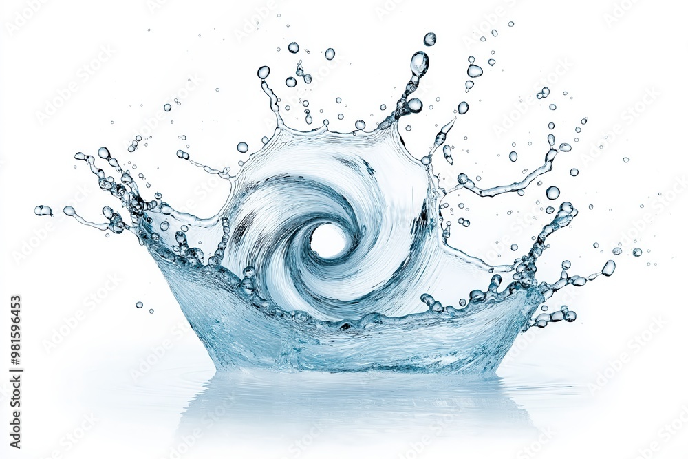 Poster water splash creating a spiral vortex in a clear pool setting during daylight hours