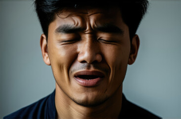 Obraz premium upset asian man crying in pain and sorrow, close up. shock and emotional breakdown, depression.