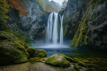 Fototapeta premium Majestic waterfall cascading into a serene pool surrounded by lush greenery and rocky cliffs on a misty autumn day