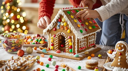 A family assembling and decorating a gingerbread house with colorful icing, candy, and gumdrops, with a variety of sweets displayed on the table. Christmas and New Year traditions - Powered by Adobe