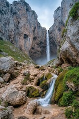 Obraz premium Majestic waterfall cascades down rocky cliffs in a serene valley during the early morning light