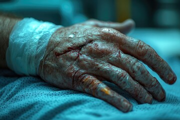 Fototapeta premium Close-Up of Sportsman with Injured Hand in Hospital, Receiving Medical Care and Treatment