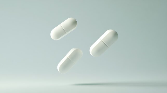 This image shows three white capsules floating against a gray background, creating a minimalistic and modern visual that can be used in various medical or health-related contexts.