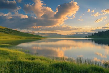 A calm and serene lake surrounded by lush green fields with a beautiful sunset and clear sky, reflecting off the water and creating a tranquil and picturesque scene.