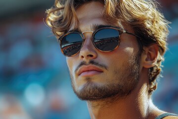 Young Athletic Man in Sunglasses Preparing to Sprint at Stadium for Intense Workout Session