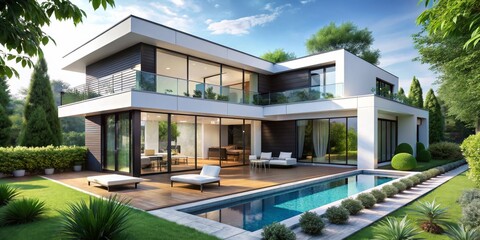 Fototapeta premium Modern Architecture with Pool and Patio, Swimming pool, patio, modern house