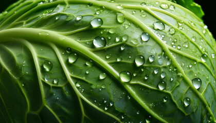 close up of a fresh green cabbage leaf with water drops on it