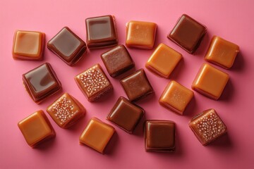 Elegant Square Cut Caramel Pieces: French-Inspired Breakfast Treats in Top View Flat Lay Design