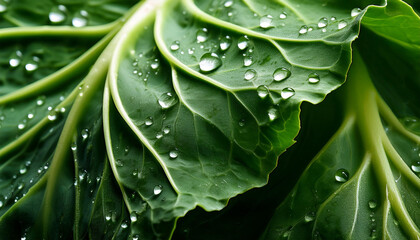 Obraz premium close up of a fresh green cabbage leaf with water drops on it