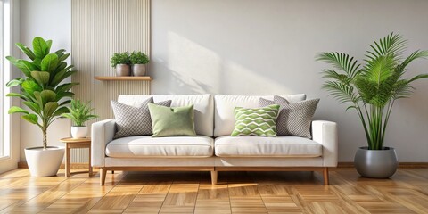 Modern Living Room Interior Design with White Sofa and Green Plants, Interior Design, Living Room, Home Decor