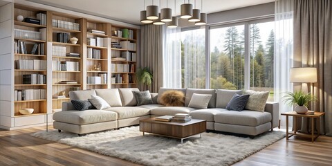 Obraz premium Modern Living Room with Large Windows and Built-in Bookshelves, living room, interior design, home decor