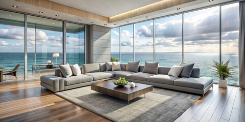 Fototapeta premium Modern Living Room with Ocean View, Grey Sectional Sofa, Wooden Floor, Ocean View, Sea, Coastal Living ,Modern Interior