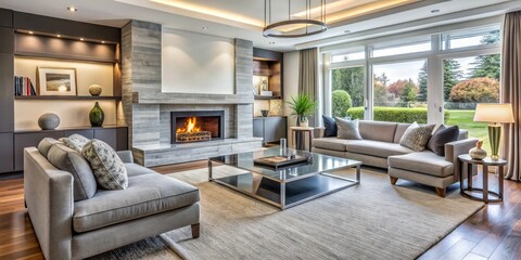 Naklejka premium Modern Living Room with Fireplace and View, living room decor, interior design, fireplace design
