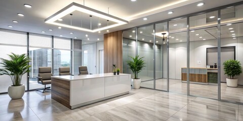 Fototapeta premium Modern Office Reception Desk with White Countertop and Glass Walls, Interior Design, Office Space, Reception Area, Interior Design Trends, office decor, modern interior