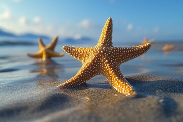 Starfish on Sandy Beach: Coastal Backgrounds Featuring Marine Life and Serene Beach Scenes Outdoor
