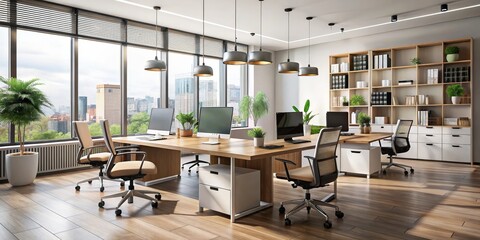 Fototapeta premium Modern Office Interior Design with City View, Wooden Desk and Chairs, Light Fixtures, Office, Interior Design, Work Space