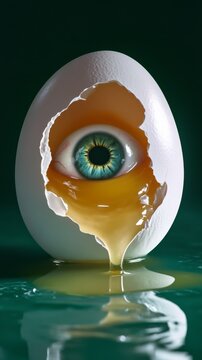 A surreal image of a broken egg with a human eye inside, with yolk dripping from the crack, combining elements of nature and human features in a striking visual.