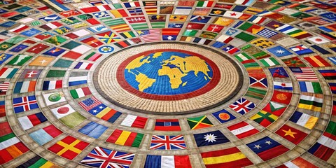 Mosaic of Flags Encircling the World, Mosaic Art, International, Global Unity, World Flags