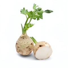 Fresh celery root on white background with a cut piece revealing its smooth interior and leafy greens attached