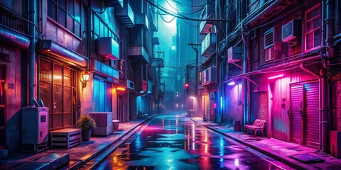 Neon City Alleyway Wet Pavement Reflecting Vivid Colors, Digital Art, 3D Rendering, Cyberpunk, Cityscape, Neon, Night