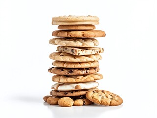 A tall stack of assorted cookies including chocolate chip, oatmeal raisin, and sugar cookies arranged on a white background