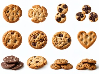 A variety of freshly baked cookies arranged on a white background, showcasing different shapes and flavors for dessert lovers