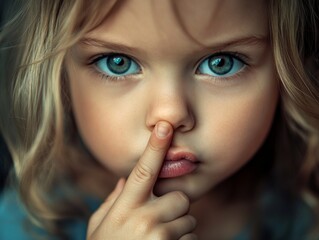 Naklejka premium A close-up portrait of a young child with bright blue eyes and blonde hair, gently pressing their finger to the nose, evoking a sense of innocence and curiosity.