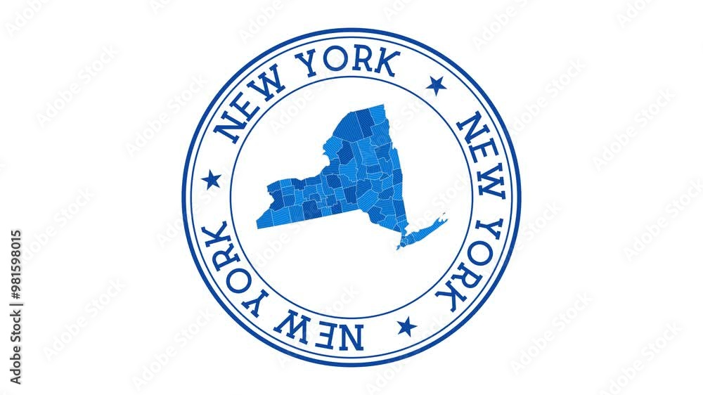 Poster new york intro. badge with the circular name and map of us state. new york round logo animation.