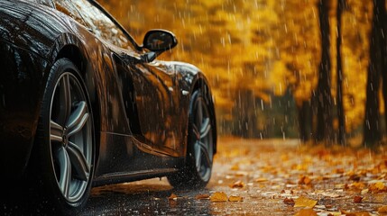 Black glossy car driving through yellow autumn forest with golden foliage