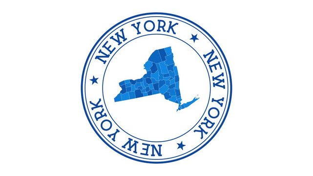 New York intro. Badge with the circular name and map of US state. New York round logo animation.