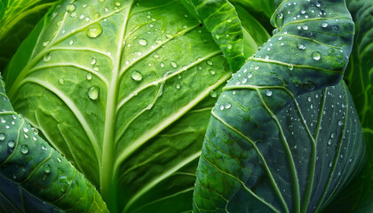 Obraz premium close up of a fresh green cabbage leaf with water drops on it