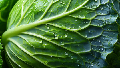 Fototapeta premium close up of a fresh green cabbage leaf with water drops on it
