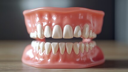 Obraz premium This image features a set of full upper and lower dentures placed on a wooden table, highlighting dental prosthetics used for oral health restoration and dentistry education.