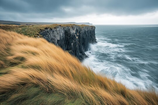 Waves crashing against the rocky cliffs under a cloudy sky near the coast during a windy autumn afternoon