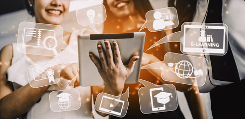 E-learning and Online Education for Student and University Concept. Graphic interface showing...