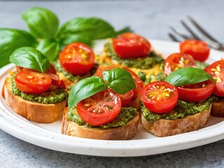 Fresh basil and tomato bruschetta topped with pesto on a white platter in a bright kitchen setting