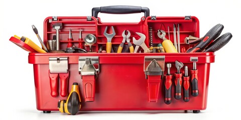 Naklejka premium Red Tool Box Full of Tools, White Background, Red Tool Box, Tools, DIY ,tools, diy