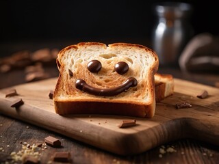 A slice of toast with chocolate spread smiling cheerfully on a wooden board in a cozy kitchen setting