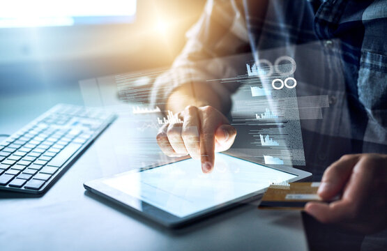 Dark office, hands and man with tablet overlay for online shopping, analysis and cybersecurity for crypto trading. Software, hologram and web developer with credit card, virtual screen or digital app