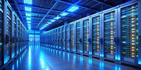 Fototapeta premium Server Room with Blue Lights and Glowing Panels, data center, server, technology