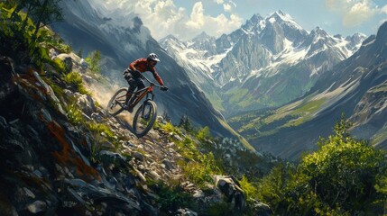 Fototapeta premium An adventurous mountain biker swiftly descends a rocky trail amidst a breathtaking landscape of mountains and valleys under a partly cloudy sky, capturing the essence of thrill and nature.