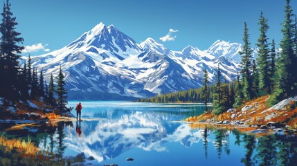 A person in a red jacket stands by a pristine, reflective lake surrounded by snow-capped mountains and evergreen trees under a clear blue sky. - Powered by Adobe