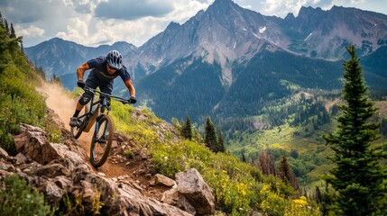 Fototapeta premium A mountain biker expertly navigates a rocky trail amidst a stunning mountainous landscape, highlighting the thrill and challenge of outdoor adventure sports in nature's beauty.