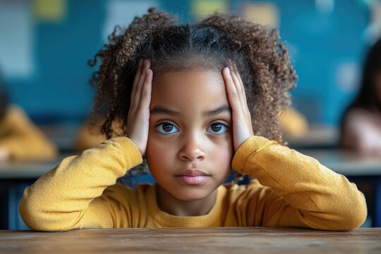 Stressed Biracial Schoolgirl in Class, Hands Over Eyes, Facing Emotional Strain and Overwhelm