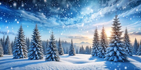 Naklejka premium Snowy Pines Under a Sparkling Sky, Winter Wonderland, Christmas Trees, Nature Photography, , ,