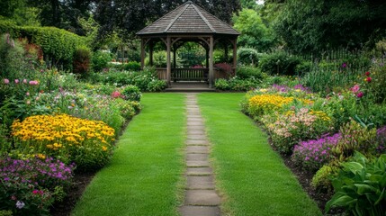 Obraz premium A picturesque garden with vibrant flower beds on either side of a stone pathway leading to a charming wooden gazebo, surrounded by lush greenery and trees, under a clear sky.