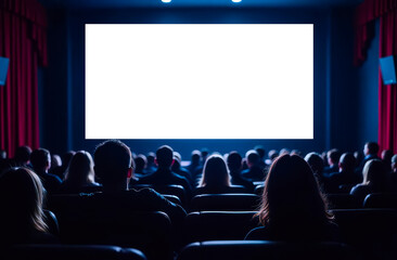 Obraz premium People in the cinema watching a movie. Blank empty white screen. People silhouettes in the cinema