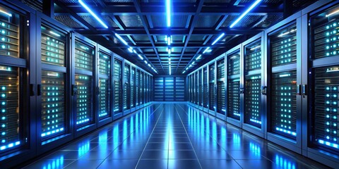 Fototapeta premium The Digital Heart Server Room with Blue Lights and Reflective Floor, data center, server, technology