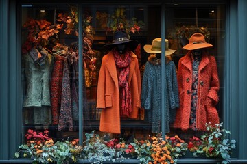 Obraz premium Chic Shop Window Showcasing Trendy Designer Fashion Clothes for a Stylish Boutique Shopping Experi